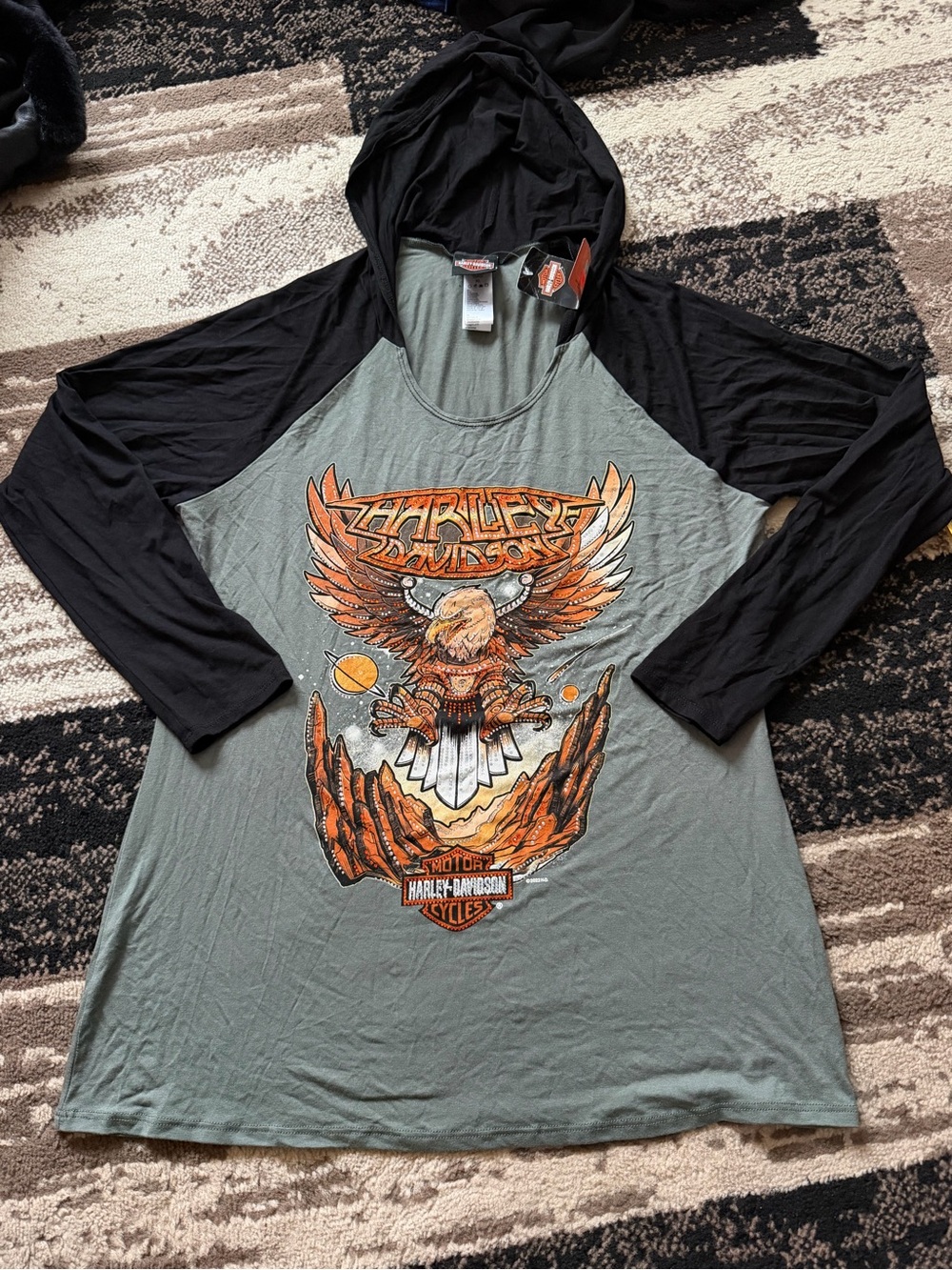 Women’s Harley-Davidson Black & Sage Long sleeve with hood Orange Eagle Graphic